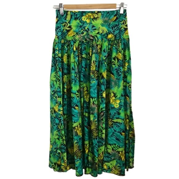 Vintage SLIX English Tropical Green Leaves Stretchy Midi Skirt Size Medium - Picture 1 of 11